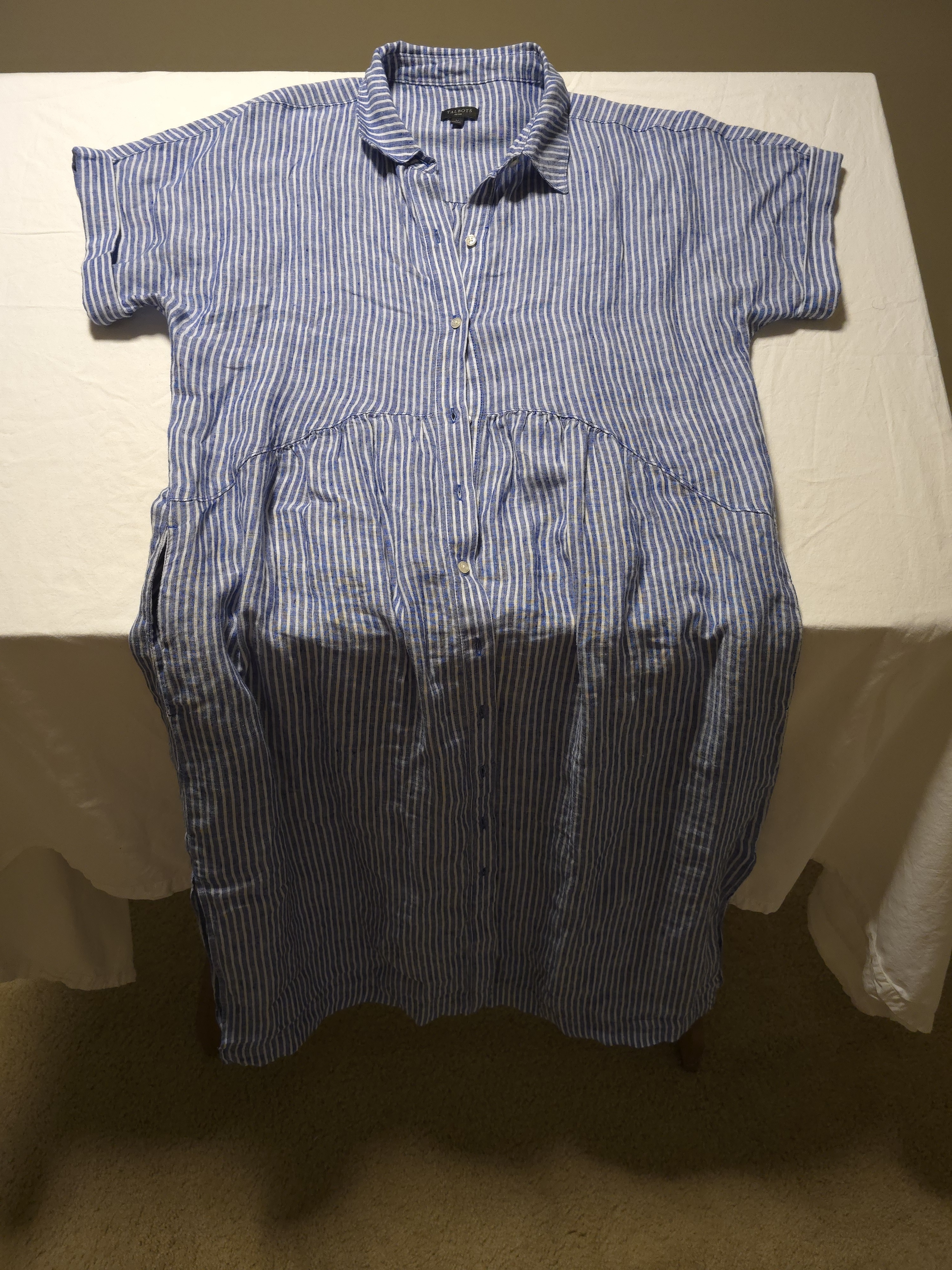 Talbots Drop Waist Linen Shirtdress Happy Stripe Blue White Midi Size Large P